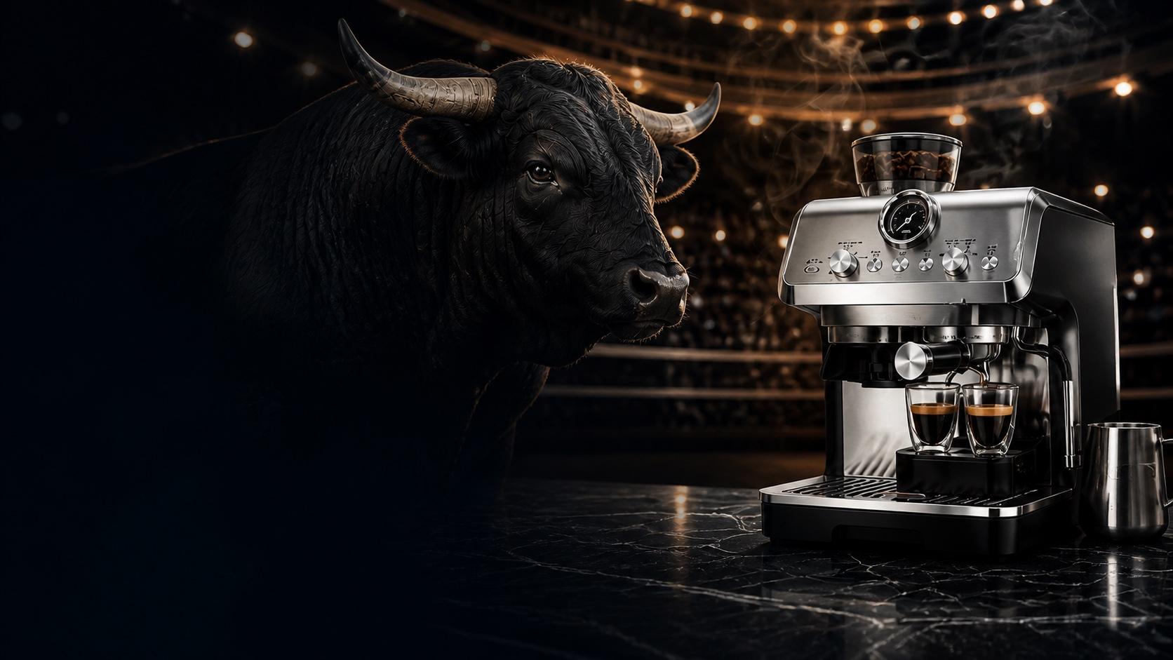 Un toro de remate junto a una cafetera espresso De’Longhi La Specialista en el ruedo iluminado de FEXPO